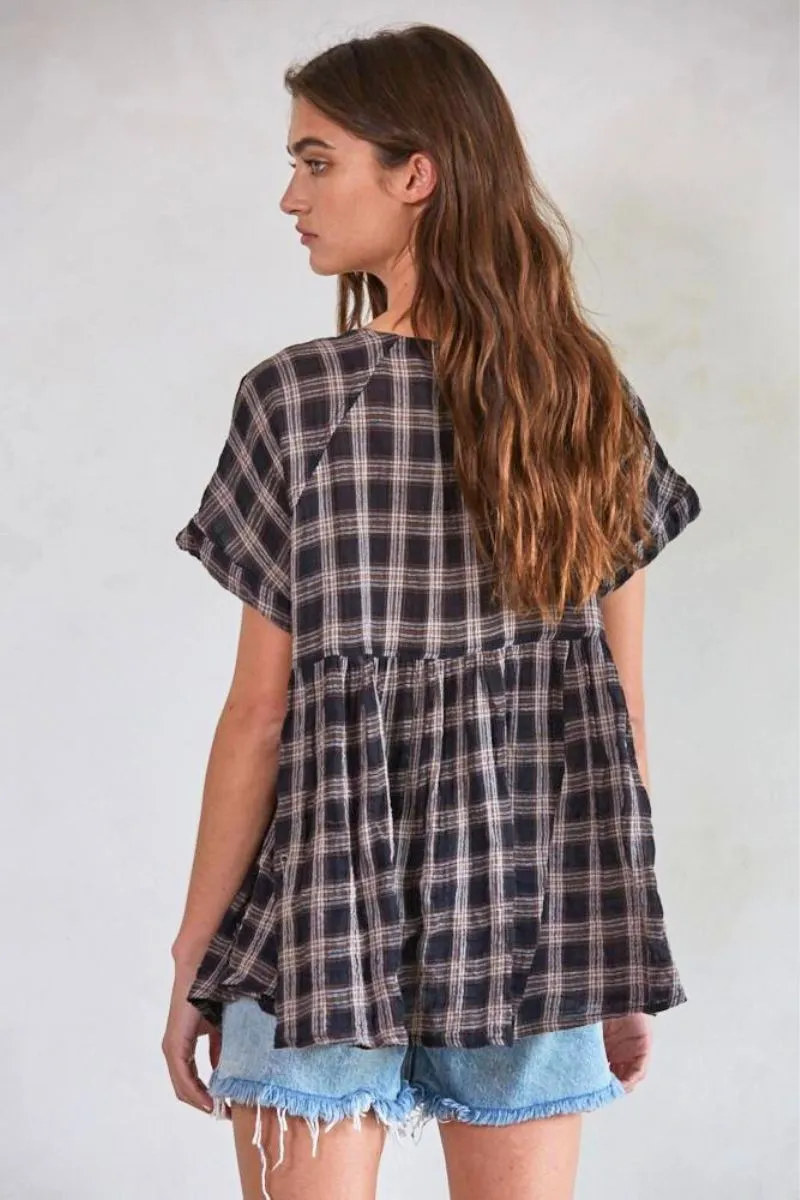 Woven Cotton Plaid Plunged V-Neck Top